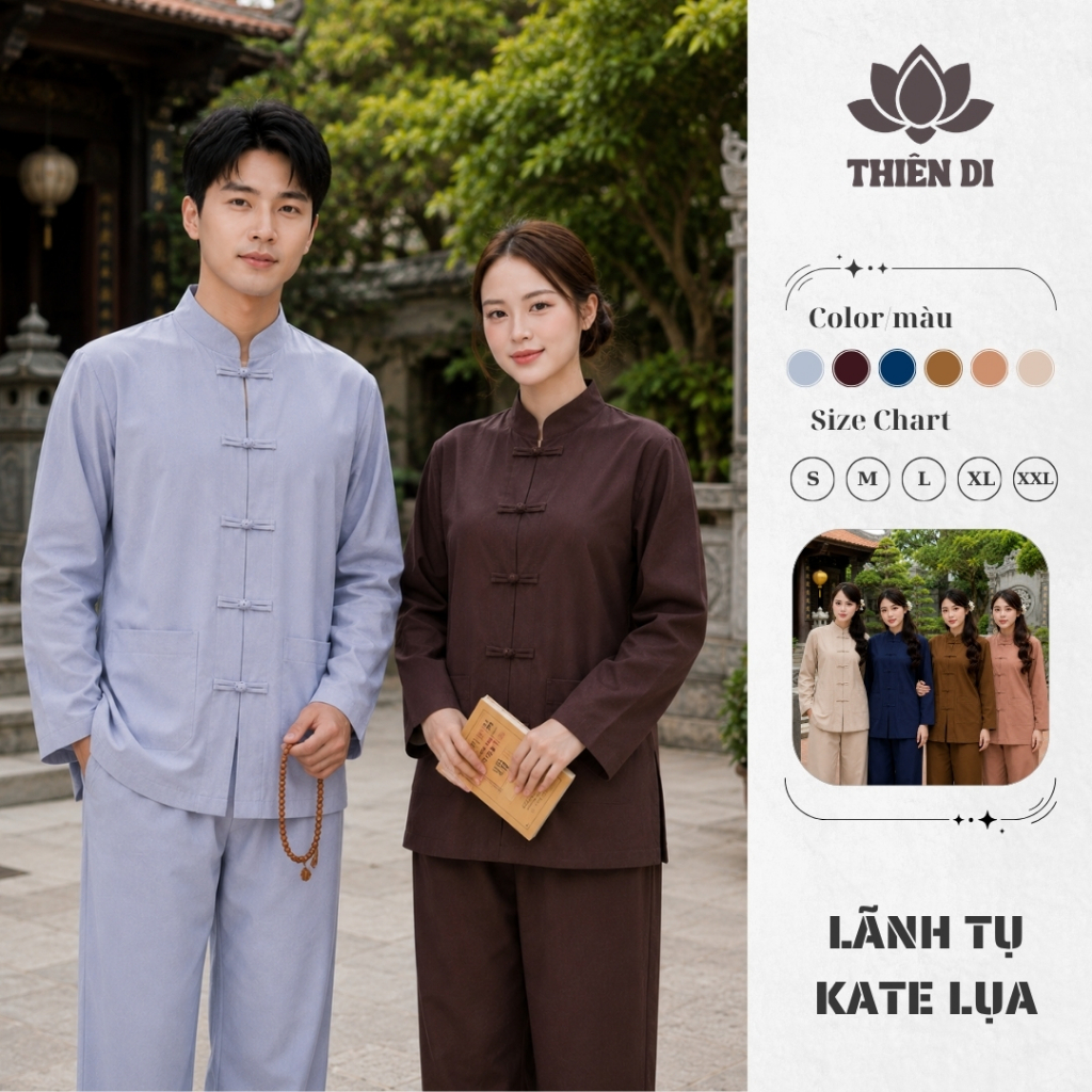Đồ lam đi lễ chùa nam nữ big size kate lụa lãnh tụ, bộ pháp phục cao cấp cho phật tử Thiên Di D45