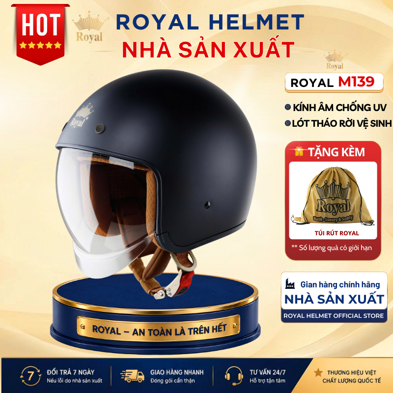 Mũ Bảo Hiểm 3/4 Royal M139 Chính Hãng Có Kính Âm Chống UV Chắn Gió Tháo Lót Được Để Vệ Sinh, Nón Bảo Hiểm Cho Nam Nữ