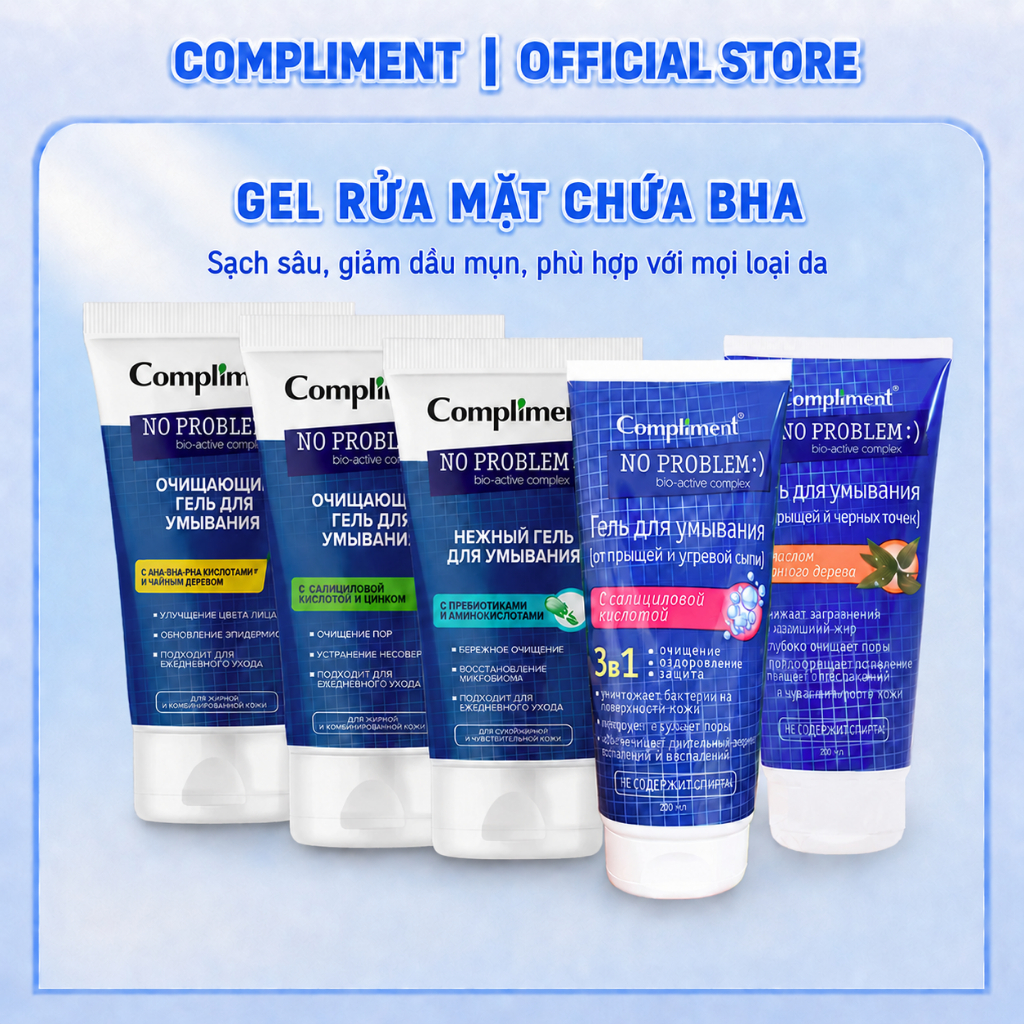 Gel Rửa Mặt Compliment No Problem Chứa BHA, Sạch Sâu, Giảm Dầu Mụn 200ml