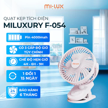 Quạt kẹp tích điện MILUXURY F054 Quạt Kẹp Bàn, Kẹp Xe Đẩy Cho Bé Pin Sạc Tiện Lợi