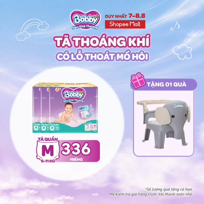 [TẶNG MIẾNG NGẪU NHIÊN] Combo 3 tã quần Bobby Siêu Khô Thoáng - 100% Thoáng Khí Mega Jumbo M112/L96/XL84/XXL76