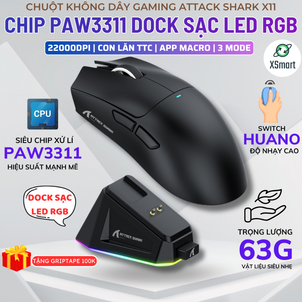 Chuột Gaming Không Dây Bluetooth Attack Shark X11 Chip PRO PAW3311 Có Dock Sạc LED, 22000 DPI
