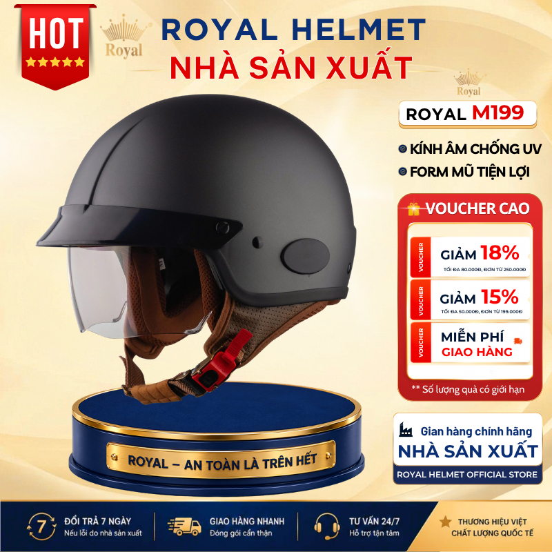 Mũ Bảo Hiểm Form 2/3 Royal M199 Chính Hãng Có Kính Âm Trà Nửa Mặt Chắn Gió Bụi, Kính Chống UV Lót Kháng Khuẩn Đạt Chuẩn