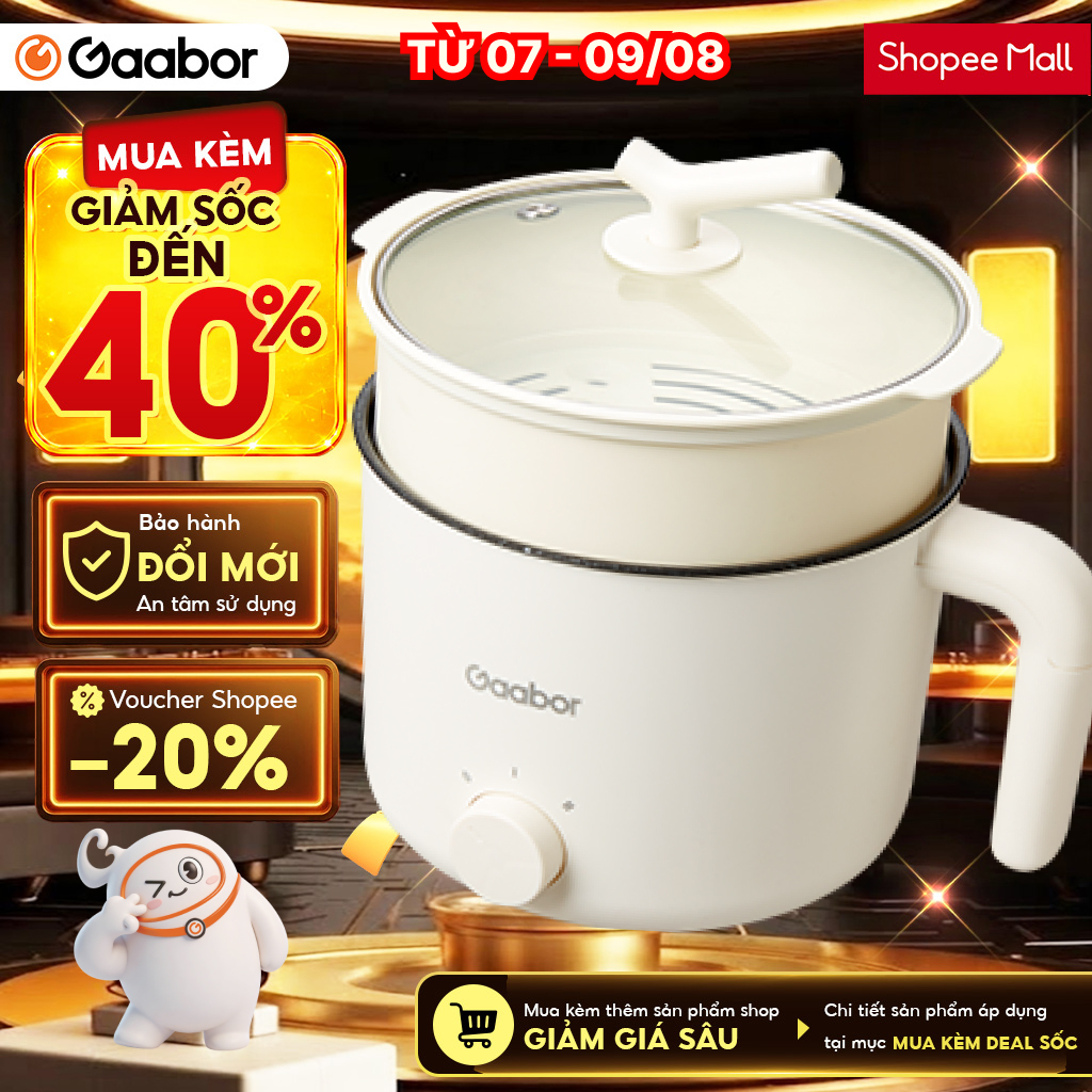Nồi điện đa năng Gaabor GR-N15A lẩu điện 1.5L chống dính công suất 600W ăn mì nấu lẩu kèm xửng hấp