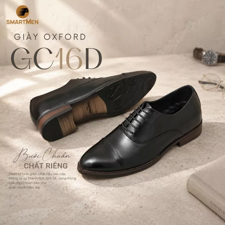 Giày Oxford Công sở Cao cấp nam SMARTMEN GC-16 Đen Da bò, Tăng chiều cao, Đế phíp gỗ sang trọng