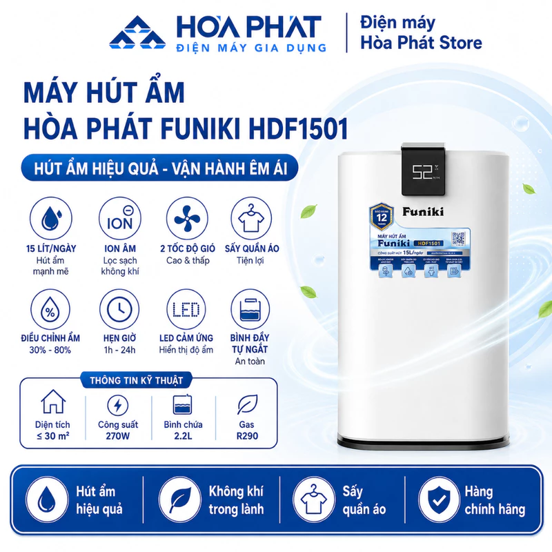 Máy hút ẩm Hòa Phát Funiki HDF1501 - Công suất 15l/ngày, êm ái, tiết kiệm, ion âm lọc khí, phù hợp phòng ≤30m² — ảnh 1