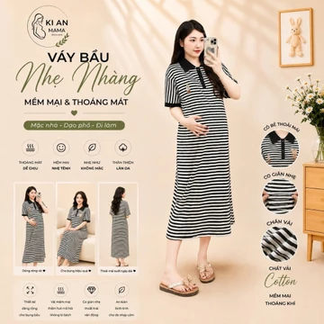 Váy Bầu KiAn MaMa VB42 thiết kế cổ Sơmi sang trọng, váy bầu suông chất cotton siêu mềm mát co giãn 4 chiều, váy bầu hè