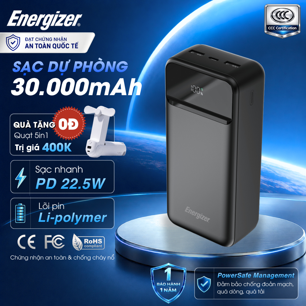Sạc Dự Phòng Energizer 30,000mAh /3.7V Li-Polymer, Sạc nhanh 20W, Chứng nhận CCC, Chính Hãng, Bảo hành 1 năm