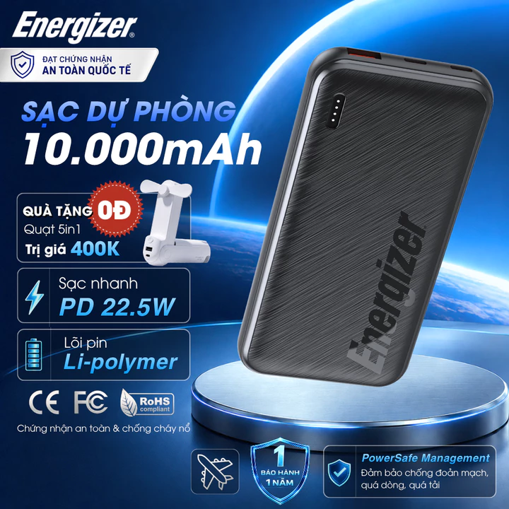 Sạc dự phòng Energizer Li-Polymer 10000mAh sạc nhanh PD 22.5W, 2 cổng sạc ra - Chính Hãng, BH 2 Năm