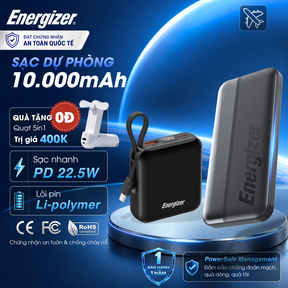 Sạc dự phòng Energizer Li-polymer 10000mAh Max 22.5W, Sạc nhanh PD cho iP/ Samsung, Bảo Hành 1 Năm