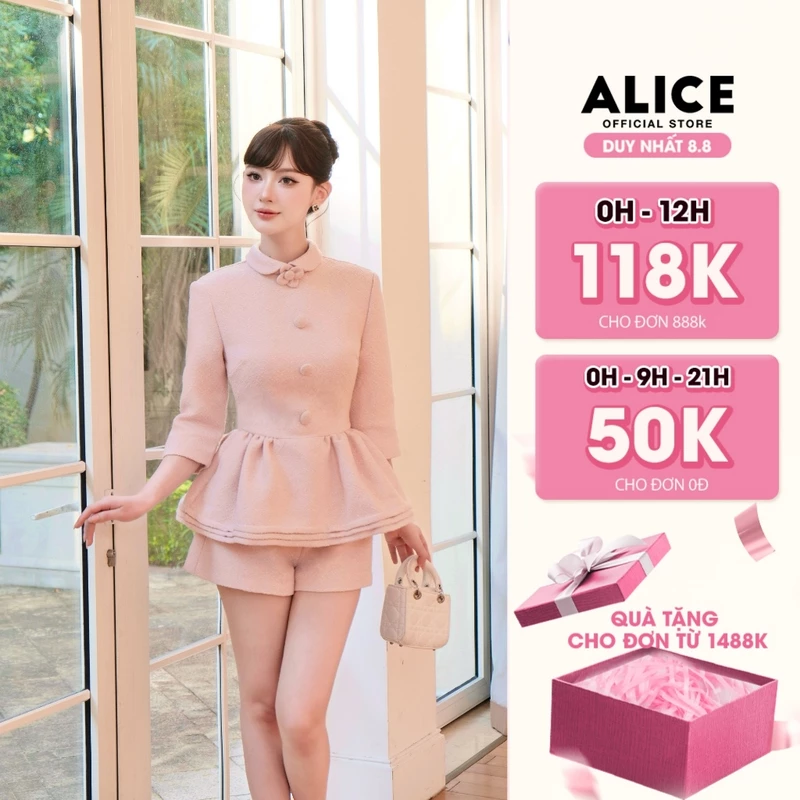 Set Đồ Thu Đông Alice Chất Dạ Tweed Cao Cấp, Áo Peplum Ôm Eo Phối Cổ Sen, Tay Lỡ, Quần Short Dáng Đứng S1041 — ảnh 1