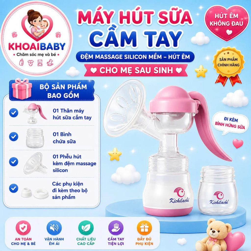 Máy Hút Sữa Cầm Tay Kichilachi Có Bình Vắt Sữa Êm, Đệm Massage Silicone