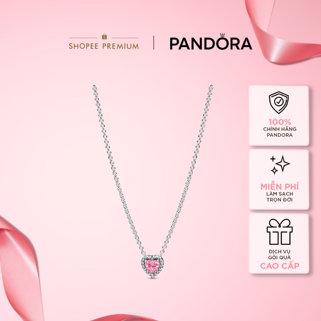 Dây Chuyền Bạc Pandora Timeless Trái Tim Đính Đá Hồng Lấp Lánh - Vẻ Đẹp Tinh Tế - Pink Elevated Heart Necklace