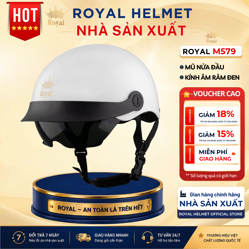Mũ Bảo Hiểm Nửa Đầu Royal Helmet M579 Chính Hãng Kính Âm Kết Hợp Lưỡi Trai Tiện Lợi Che Nắng Che Mưa