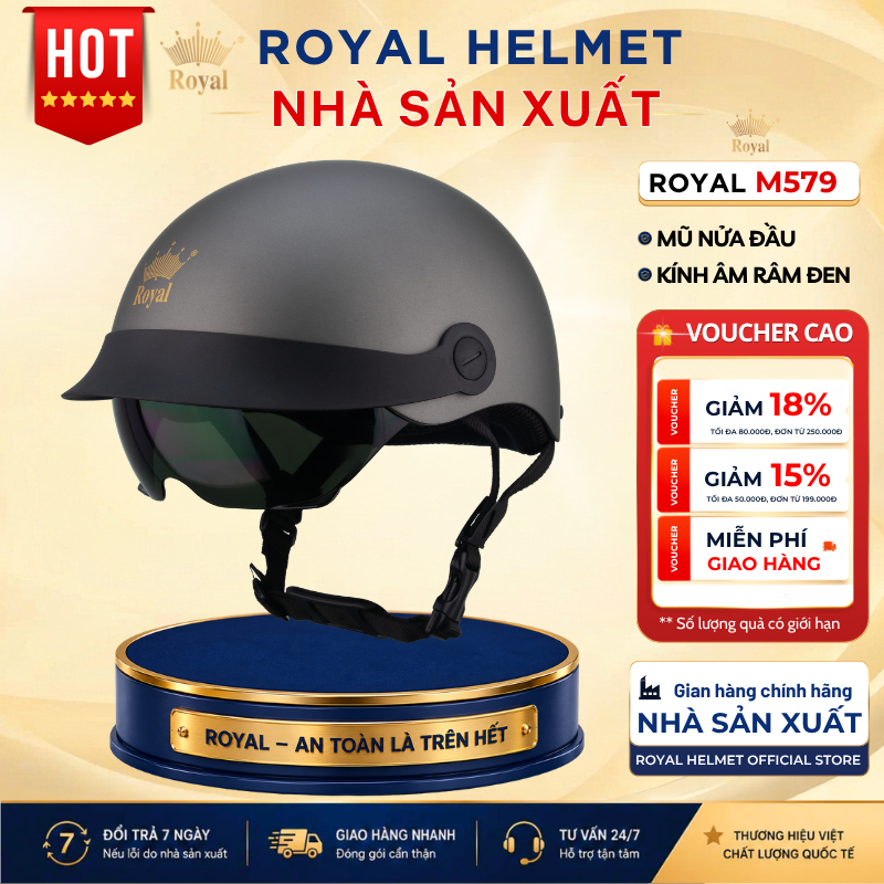 Mũ Bảo Hiểm Nửa Đầu Royal Helmet Chính Hãng M579K Nam Nữ Kính Âm Đen Tiện Lợi - Nón Bảo Hiểm 1/2 Royal Đạt Chuẩn