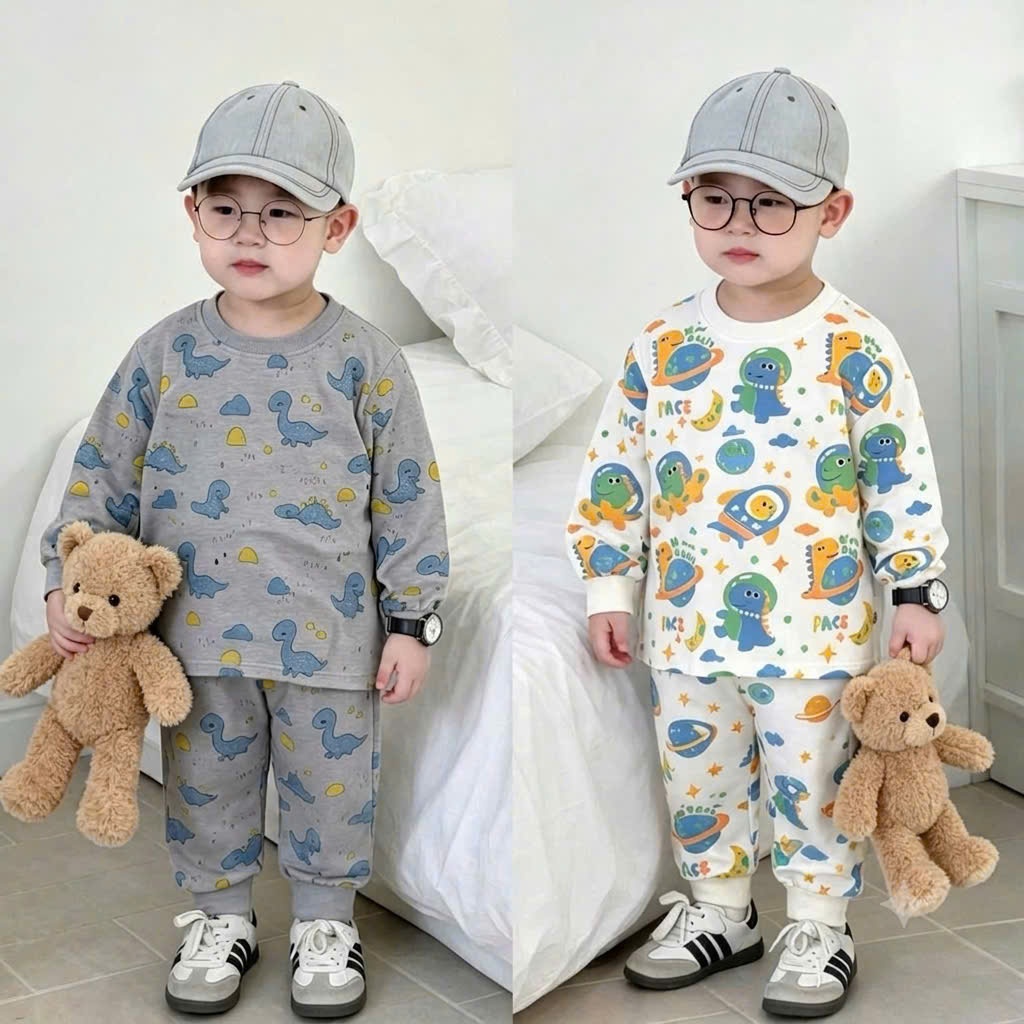 Bộ Đồ Thu Đông Cho Bé Chất Thun Mêm Mịn In Hoạ Tiết Đáng Yêu Size 9-35Kg ĐT31