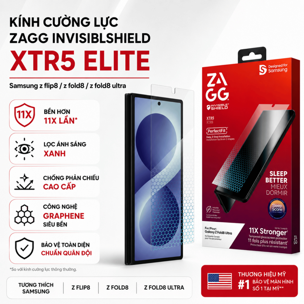 [Samsung Z Flip8/Fold8/Fold8 Ultra] Kính Cường Lực ZAGG InvisibleShield XTR5 Chống Trầy, Chống Va Đập, Lọc Ánh Sáng Xanh