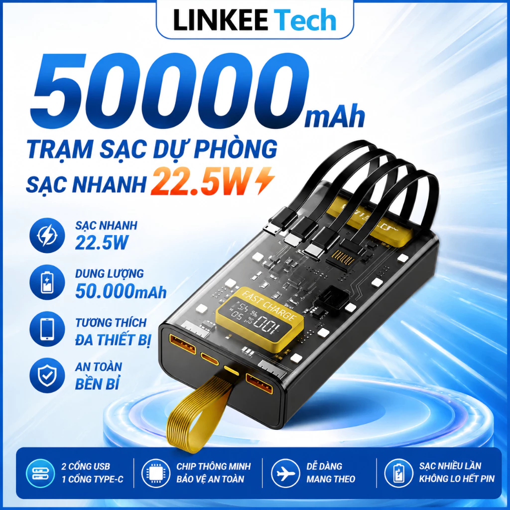 [NEW]Sạc Dựng Phòng Trong Suốt 30kmAh Với 2 Cổng Sạc Nhanh 22.5w và PD20W Kèm 4 Đầu Sạc Màn Hình LED