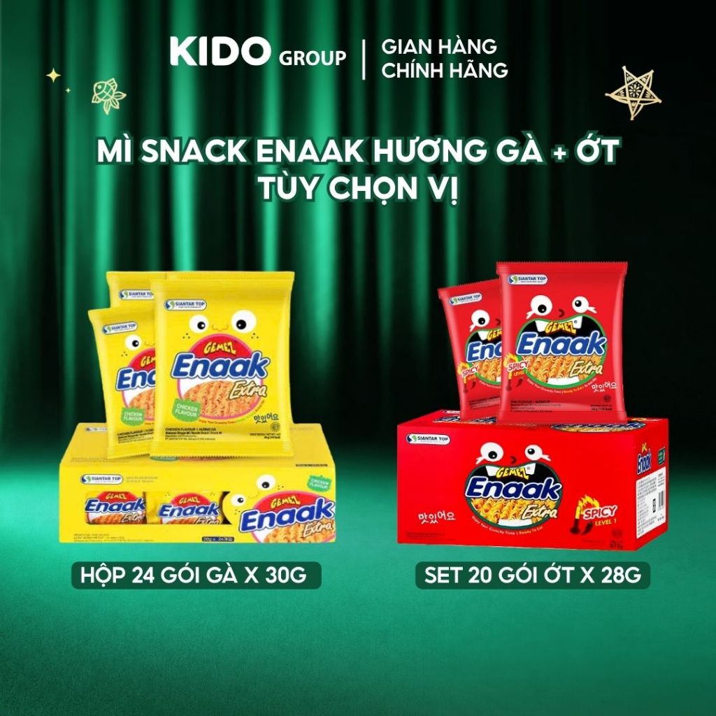 Tùy Chọn Vị – Hộp 24 gói Snack Mì Enaak Hương Gà Vàng 30g hoặc Set 20 gói Snack Enaak Hương Ớt Cấp Độ 1 28g
