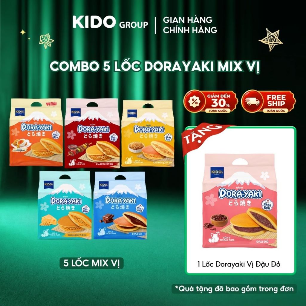 [TẶNG 1 Lốc Đậu Đỏ] Combo 5 Lốc Dorayaki (Phô Mai + Xốt Bơ + Trứng muối + BBQ + Socola)
