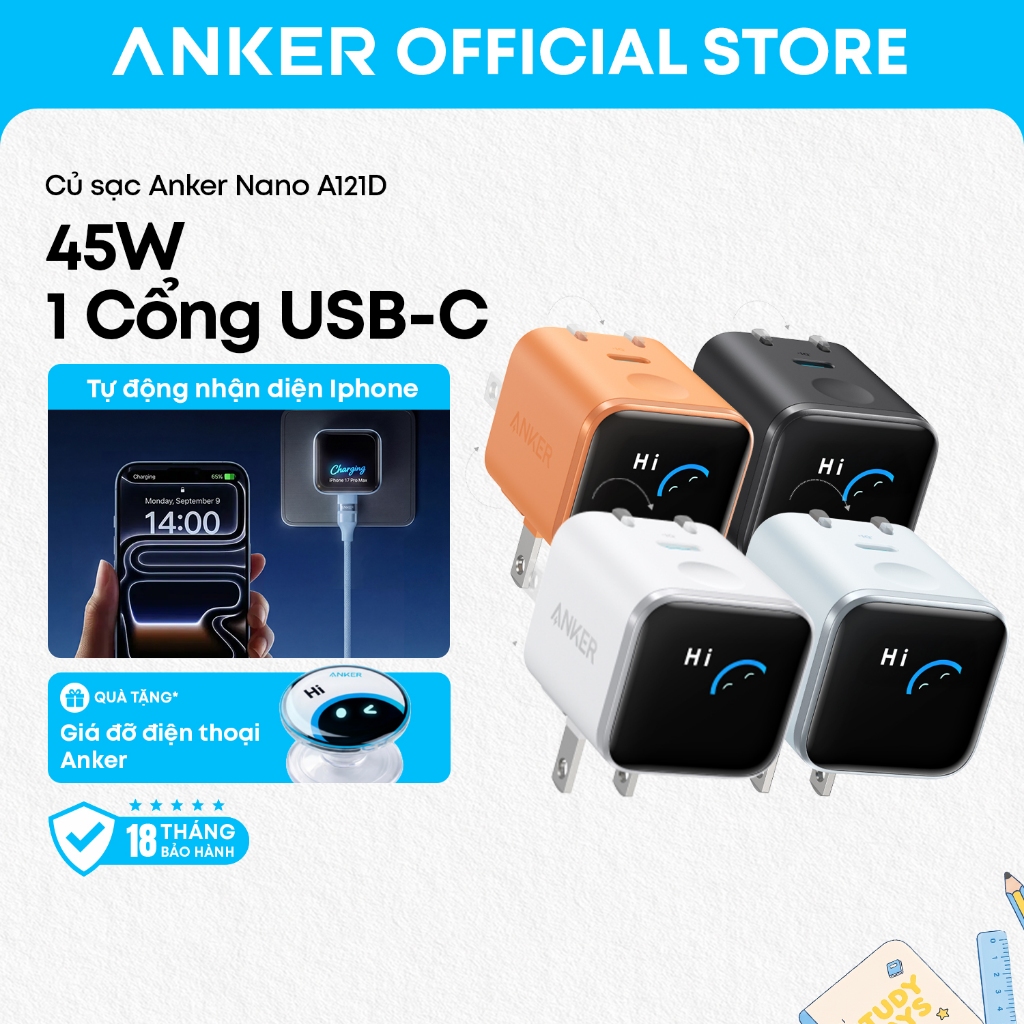 Củ sạc nhanh Anker Nano A121D 45W, thiết kế chân gập, sạc nhanh iPhone 17/16/Samsung A121D
