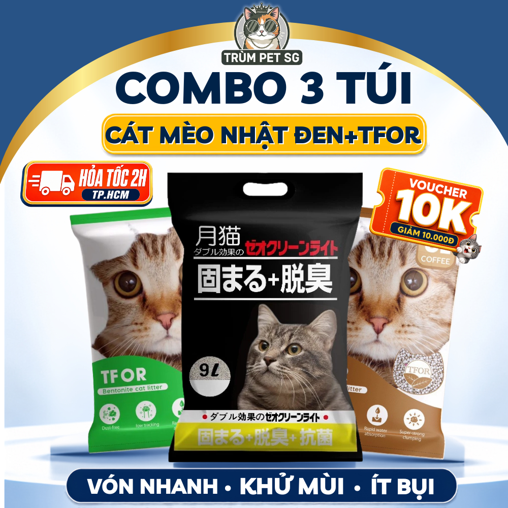 [Combo 3 túi] Cát Vệ Sinh Cho Mèo NHẬT ĐEN, TFOR 9L Bentonite Thấm Hút Tốt Vón Cục Nhanh