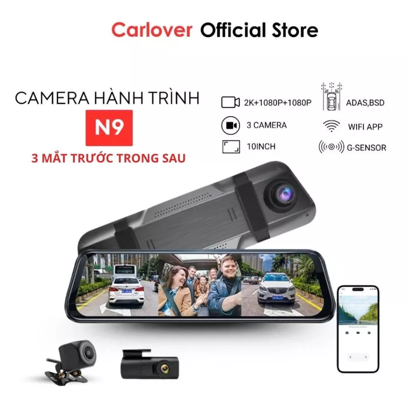 Camera hành trình gương N9 CARLOVER Đầy đủ 3 mắt camera, Cảm ứng Full màn hình 10 inch,, Kết nối điện thoại, BH 1 Năm — ảnh 1