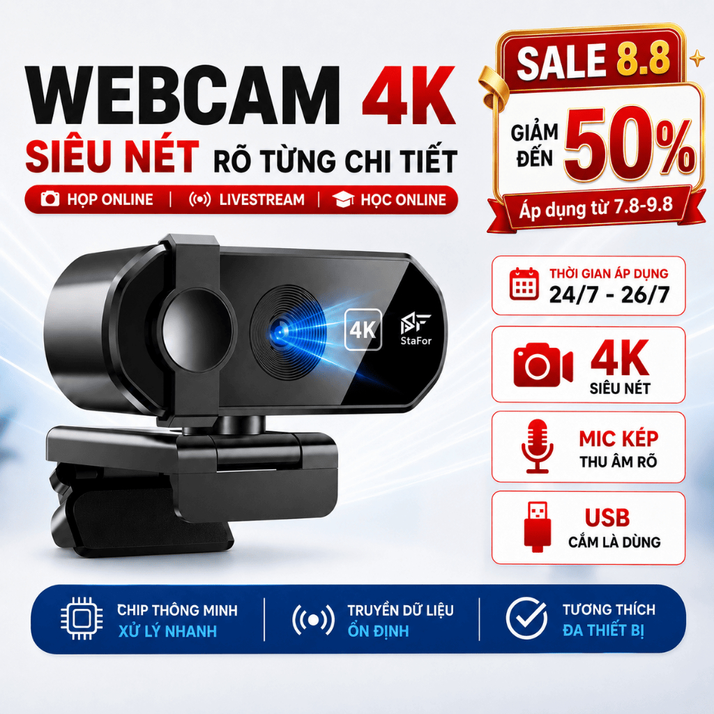 Webcam 4K 2K StaFor Camera Máy Tính Có Mic Sắc Nét Cho PC Laptop Livestream Trực Tuyến Chính Hãng