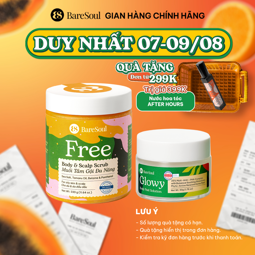COMBO Peel giảm thâm cơ thể Baresoul Glowy Peel 50g + Muối tắm gội đa năng Baresoul FREE 330g (ver 3.0)