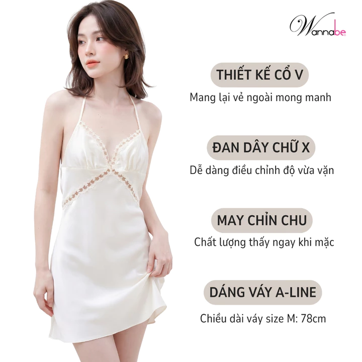 Váy ngủ nữ sexy WANNABE đầm ngủ lụa cut-out eo mông đan dây lưng x nóng bỏng tự do thắt mở dây DNS18
