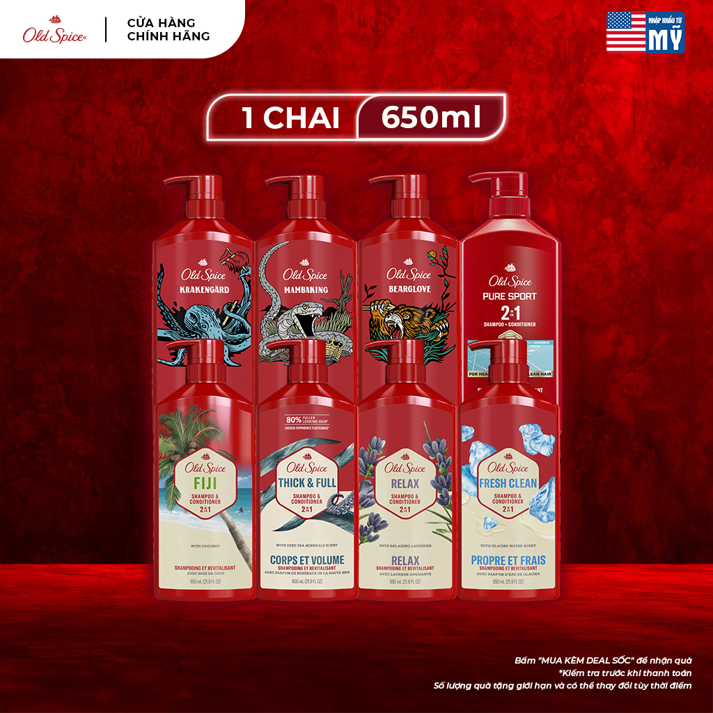Dầu Gội Xả 2in1 OLD SPICE 650ml tiện lợi, sạch sâu, dưỡng tóc nam dày khỏe, giảm khô xơ, phồng hơn +80% - Mỹ