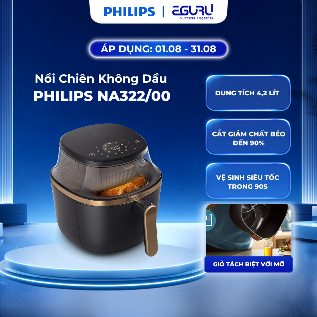 Nồi Chiên Không Dầu Philips NA322/00 4.2 Lít Nấu Nhanh, Chín Đều, Hàng Chính Hãng - Bảo Hành 24 Tháng