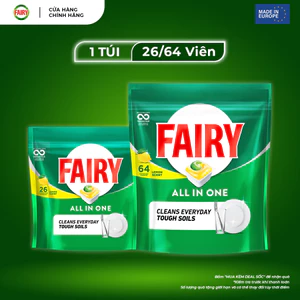 Viên rửa chén FAIRY All In One sạch sáng bóng, đánh bật cặn dầu mỡ, hương chanh, túi 26/64 viên - Châu Âu
