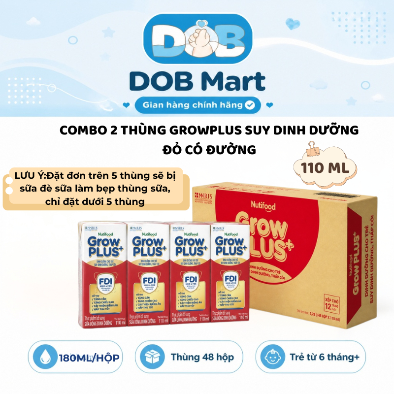 [Combo 2 THÙNG CÓ ĐƯỜNG 110ml] Thùng 48 Hộp Sữa Nutifood Grow PLUS+ Suy Dinh Dưỡng 110MLĐỎ CÓ ĐƯỜNGHỗ Trợ Tiêu Hóa DOB