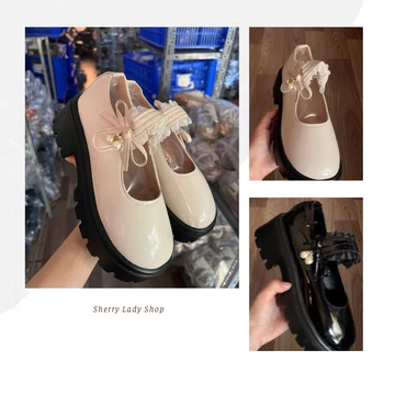 Giày Búp Bê Mary Jane Da Bóng Cài Quai Đế Độn 4cm, Giày Búp Bê Phong Cách Học Đường