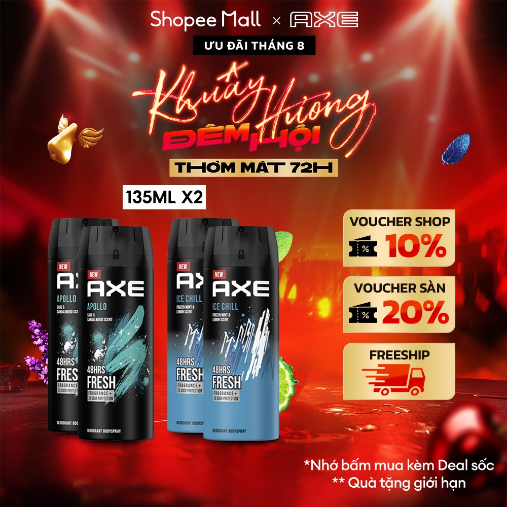 Combo Xịt nước hoa nam toàn thân AXE 135ml, lưu hương và khử mùi lên đến 48h
