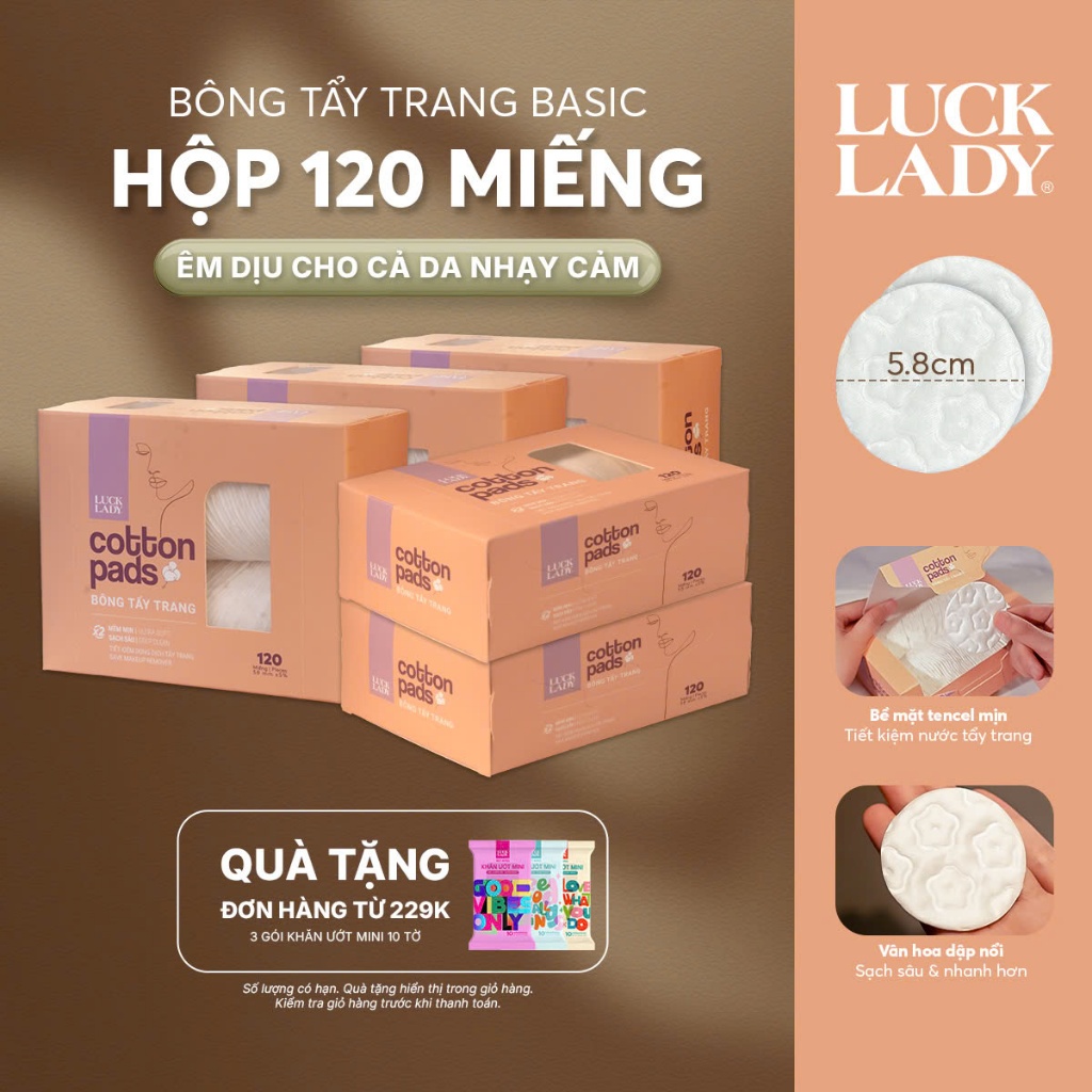 [Combo 5] Bông tẩy trang Luck Lady tròn 120 miếng/hộp, hoa văn dập nổi, chất liệu Cotton & Tencel mềm mịn, làm sạch sâu