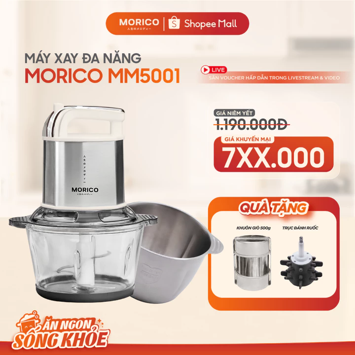Máy Xay Đa Năng MORICO MM5001 Công Suất 500W – 2 Cối 3L Inox 304 & 2L Thủy Tinh, Dao 6 Cánh, Xay Thịt Xay Giò, Đánh Ruốc