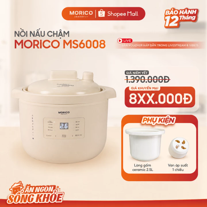 Nồi Nấu Chậm Morico MS6008 Dung tích 2.5L – Nổi Kho Hầm Chậm, Lòng Gốm Ceramic An Toàn, 8 Chế Độ, Hẹn Giờ, Giữ Ấm