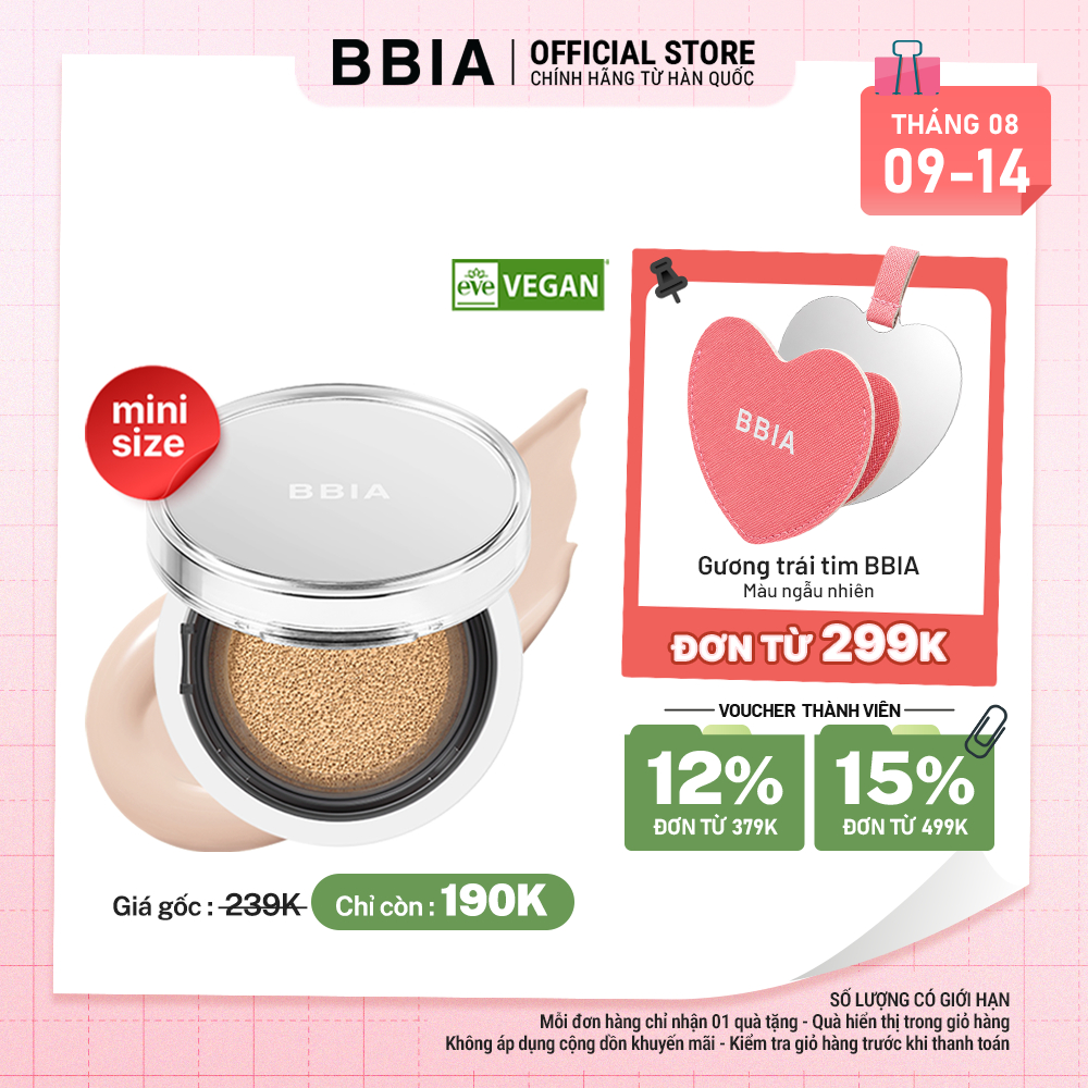 Cushion mini dưỡng ẩm căng bóng, bền màu BBIA Eau Glow Cushion Mini Eau Edition 4g