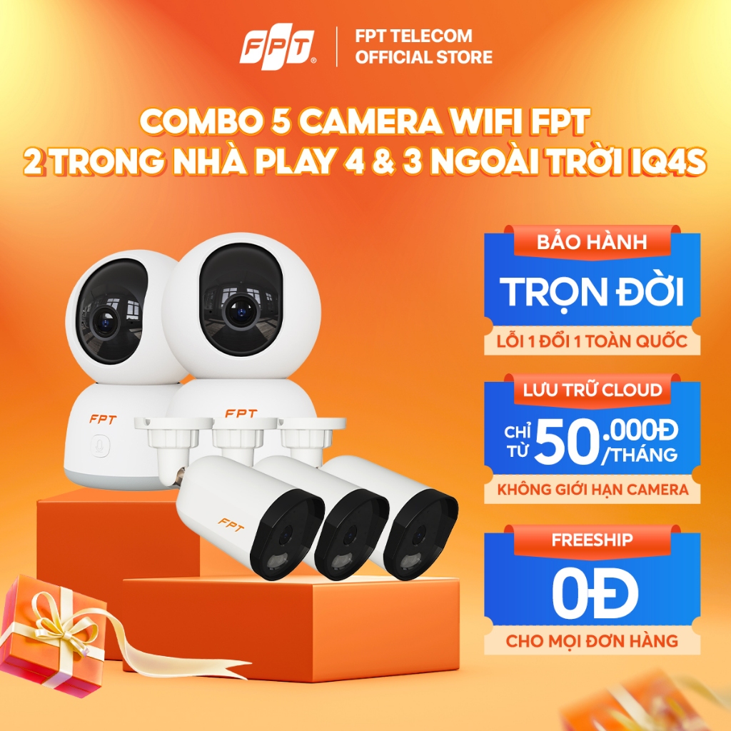 Combo 5 Camera FPT Trong Nhà Play 4 và Camera Ngoài Trời IQ4S,  Camera An Ninh Lưu Trữ Cloud Bảo Mật, AI Thông Minh