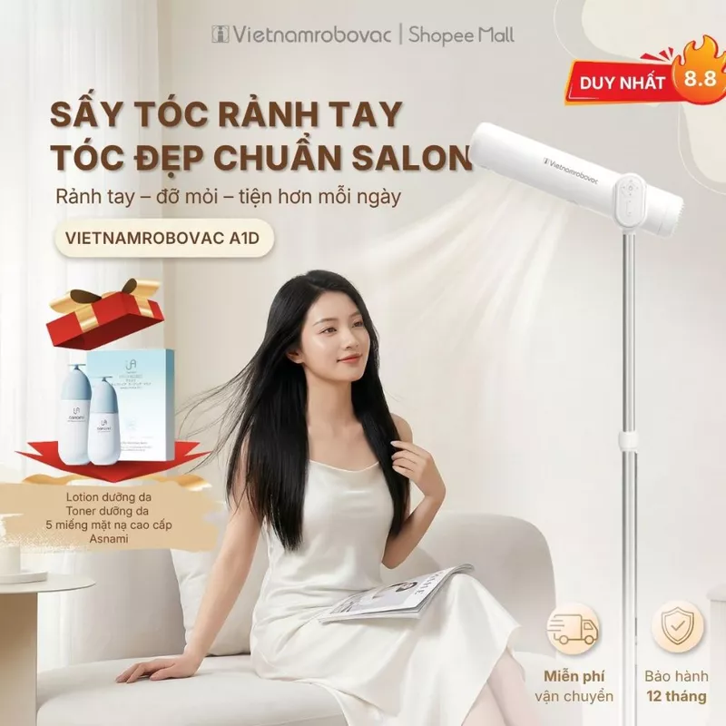 Máy Sấy Tóc Tự Động Dạng Đứng Vietnamrobovac A1D - Sấy tóc rảnh tay, cửa gió kép sấy nhanh + 100 triệu ion âm dưỡng tóc — ảnh 1
