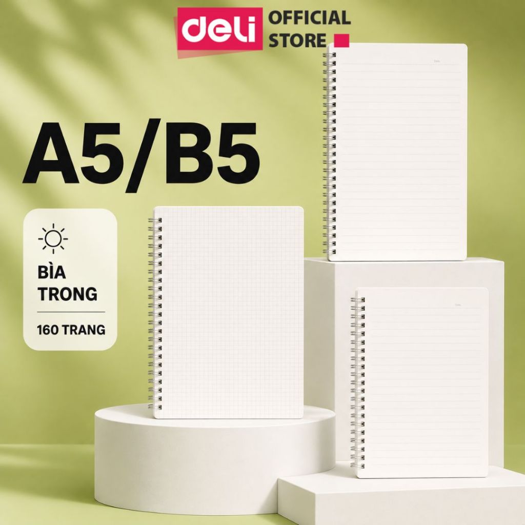 [DEAL SỐC] Sổ lò xo kép A5 B5 Deli Sổ bìa trong 160 trang giấy kẻ ngang/ caro chống lóa Viết callipraphy