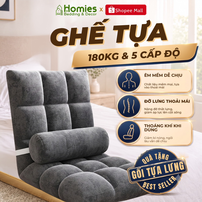 Ghế Lười Bệt Tựa Lưng HOMIES Màu Trơn Kiểu Nhật Điều Chỉnh 5 Cấp Độ - Chịu Trọng Lượng 180kg