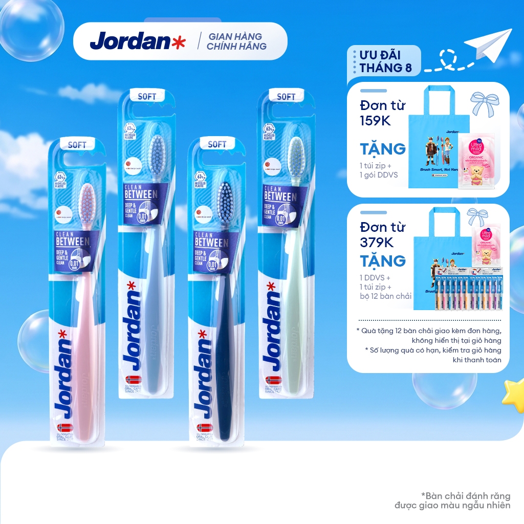 [Giao màu ngẫu nhiên] Combo 4 bàn chải đánh răng Jordan Clean Between lông siêu mềm 0.01 bảo vệ nướu nhạy cảm