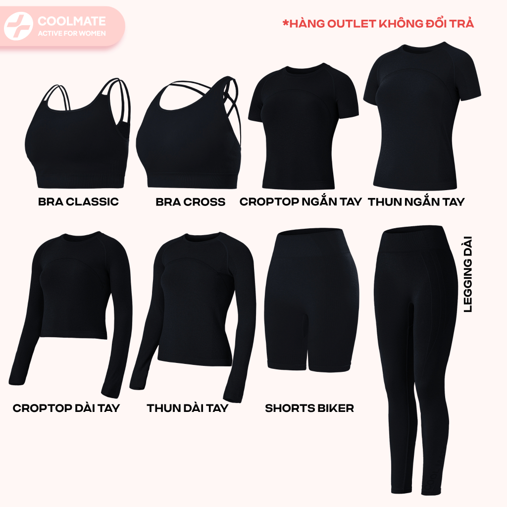 [GIẢM SỐC 40%] [Outlet Không đổi trả] BST Seamless MÀU ĐEN Áo Bra croptop thun nữ quần biker legging - Coolmate Women