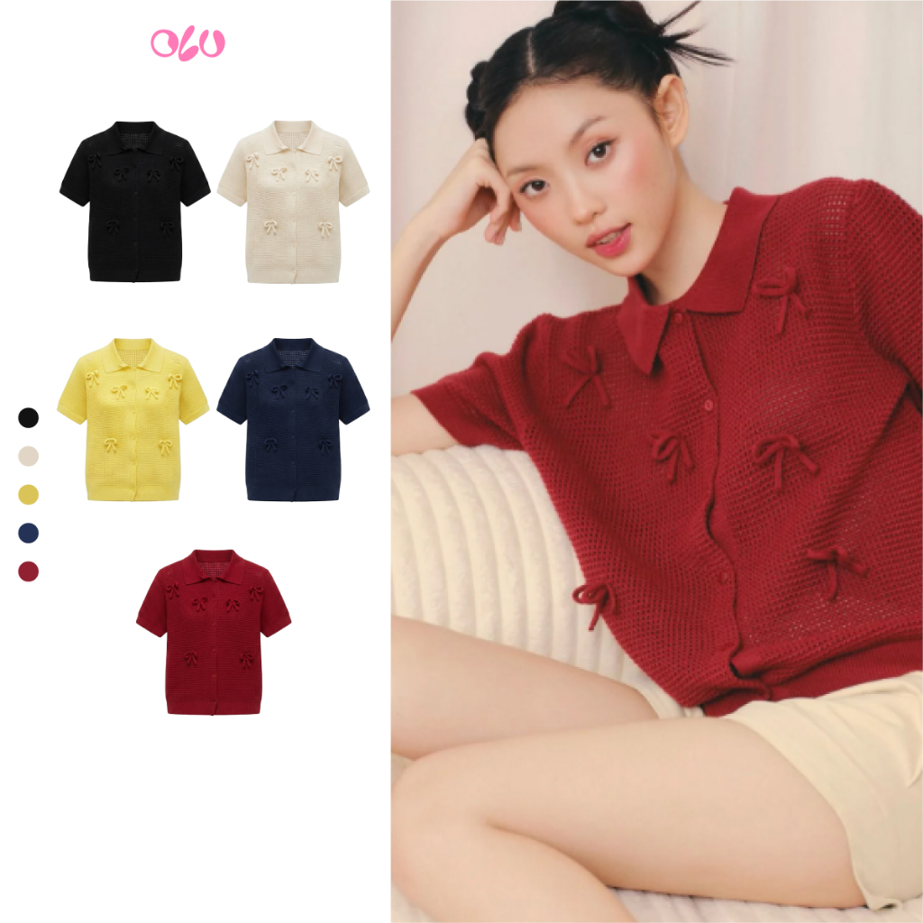 Áo kiểu OLV dệt kim cổ polo đính nơ Micha nhiều màu trẻ trung phù hợp mọi dịp