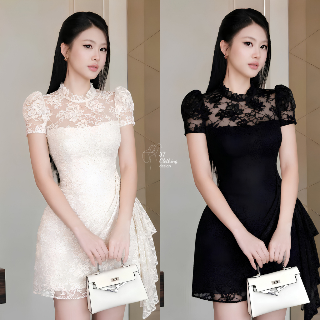 [3T CLOTHING] Đầm Nữ Ren Thêu Hoa Cổ Cao Tay Phồng, Lót Lụa 2 Lớp Ôm Dáng Kèm Quần Bảo Hộ BigSize 40–70kg B89