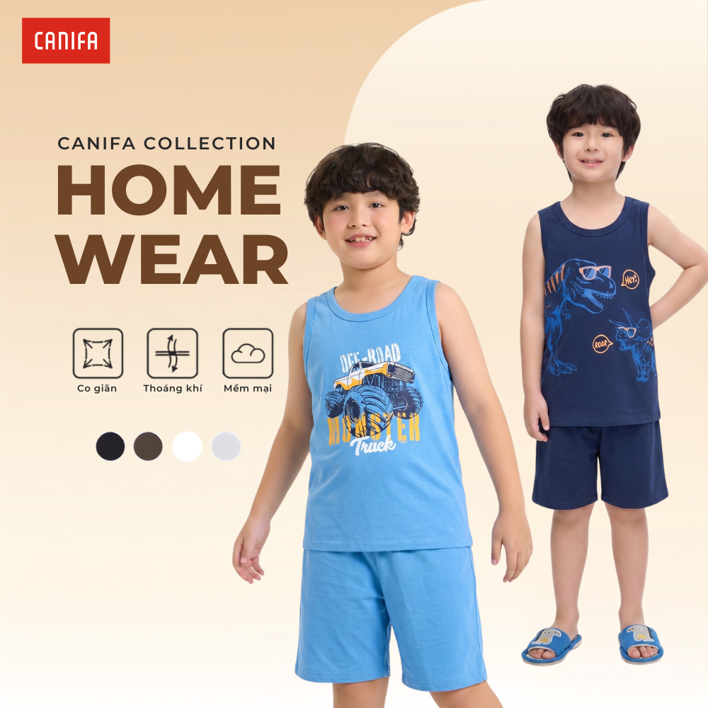 Bộ quần áo bé trai CANIFA áo ba lỗ quần đùi có hình in PS26 2LS26S011
