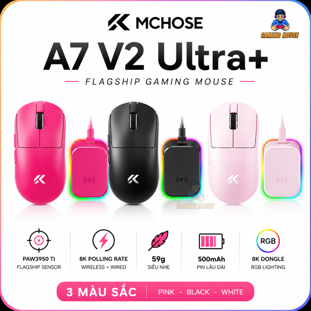 Chuột gaming không dây Mchose A7 V2 Ultra Plus - 3 mode kết nối - PAW3950 TI - 8000HZ - 26000DPI